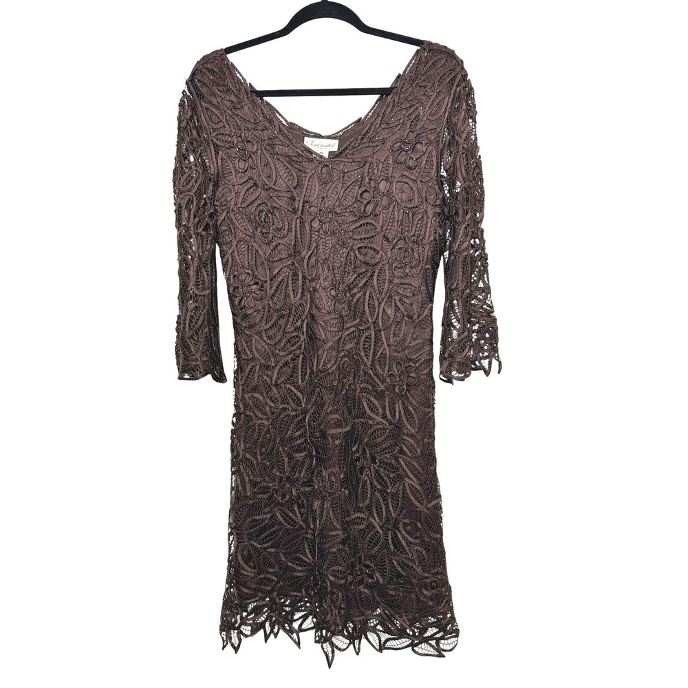 VTG Soulmates Silk handcrafted‎ Dress M Brown Beaded Lace Crochet 90s wedding